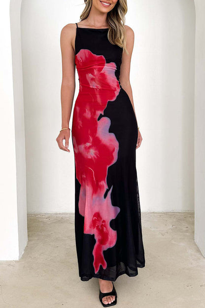 Sexy Flowers Backless Contrast Square Neck Long Dresses