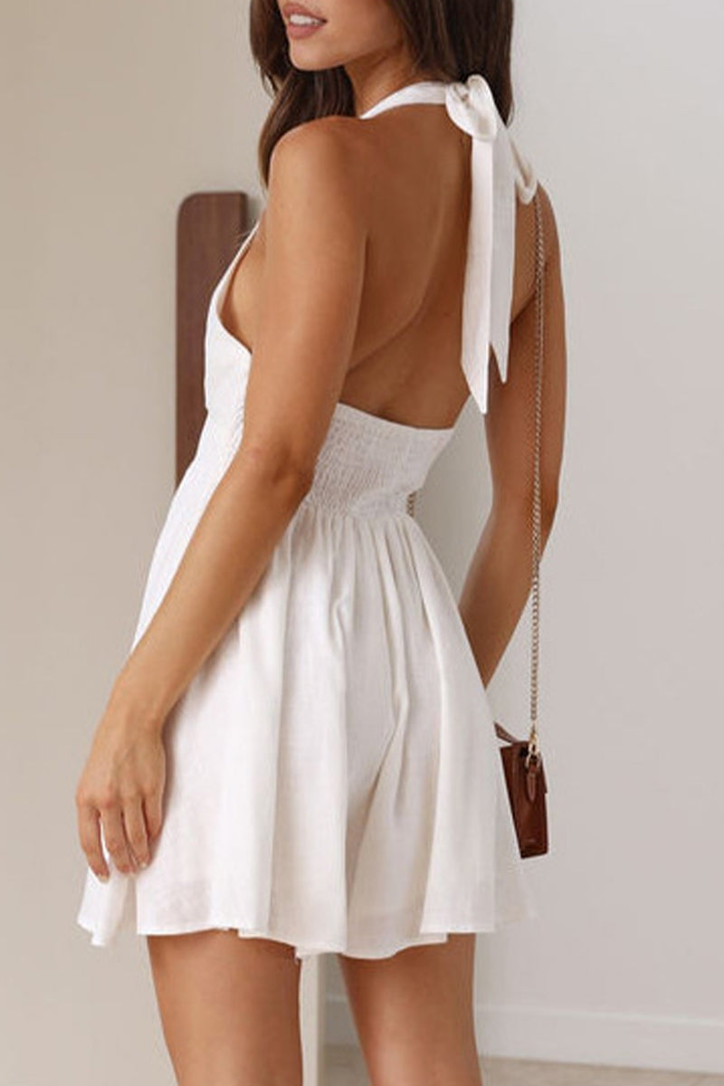 Casual Solid Color Hollow Out Halter Sleeveless Dresses