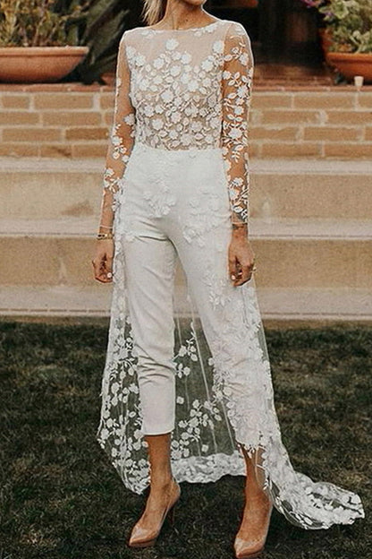 Sexy Lace Patchwork O Neck Straight Jumpsuits