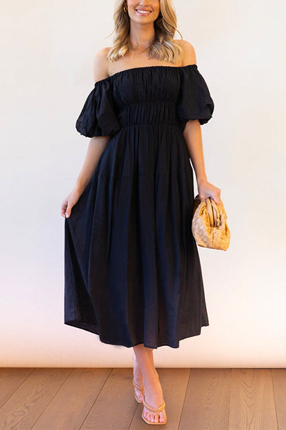 Margovil Off Shoulder Puff Sleeves Frilled Waist Midi Swing Dress