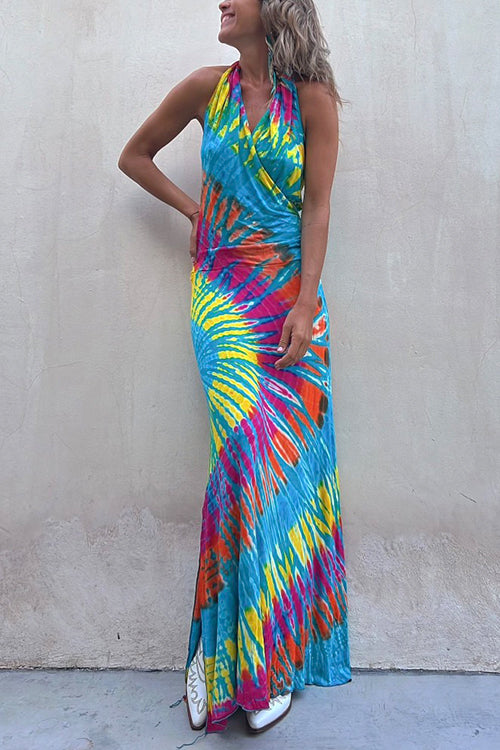 Margovil Sleeveless Halter Backless Maxi Tie Dye Dress