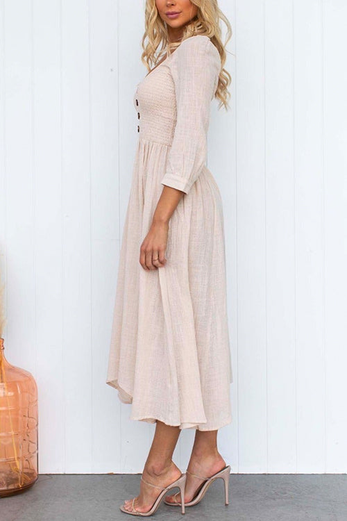 Scoop Neck Buttons Waisted Swing Midi Dress