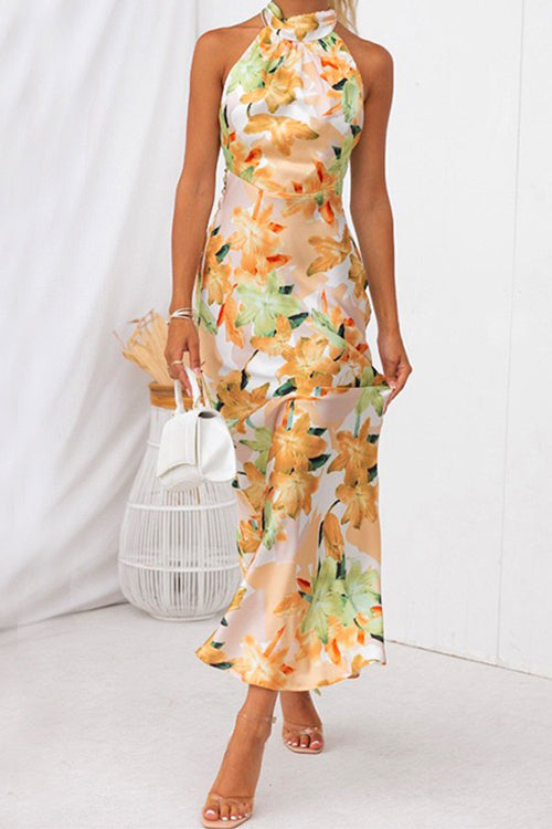 Margovil Tie Neck Backless Floral Printed Maxi Flowy Dress