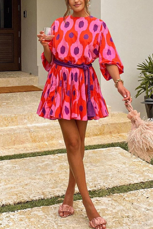 3/4 Sleeves Printed Ruffle Swing Mini Dress