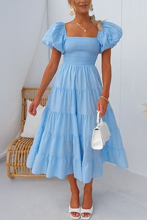 Margovil Off Shoulder Puff Sleeves Ruffle Tiered Midi Dress