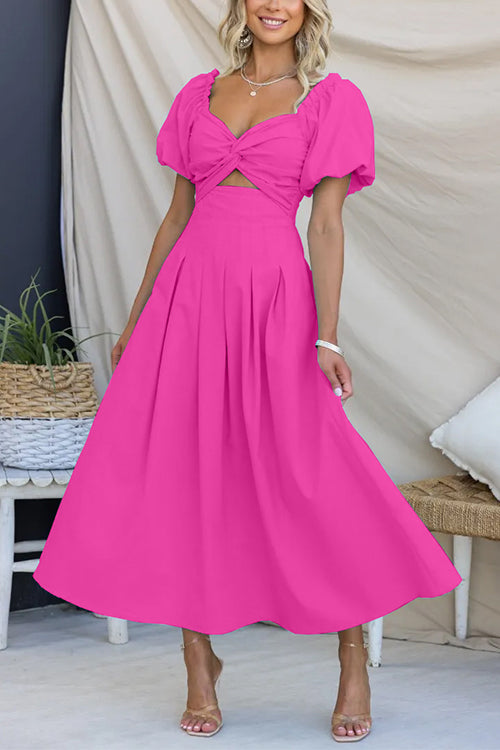 Twist Front Puff Sleeves High Waist Swing Maxi Dress