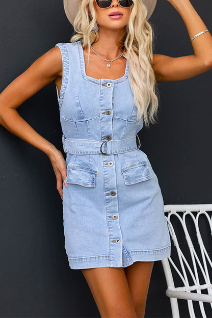 Margovil Sleeveless Button Down Belted Denim Mini Dress