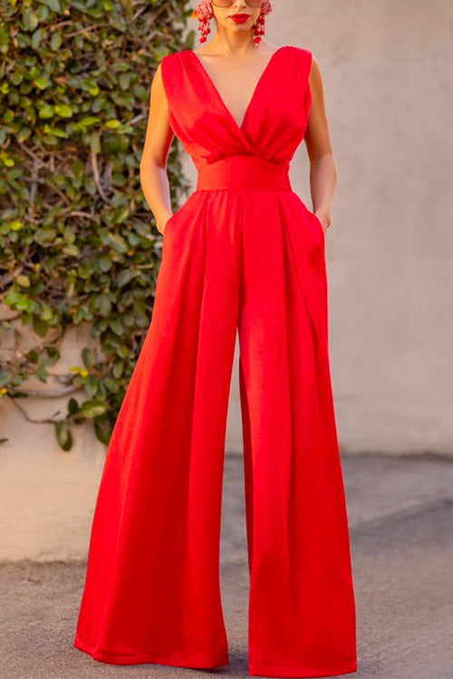 Margovil Sleeveless Deep V Neck High Waist Wide Leg Jumpsuit