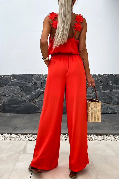 Margovil V Neck Backless Waisted Wide Leg Floral Cami Jumpsuit