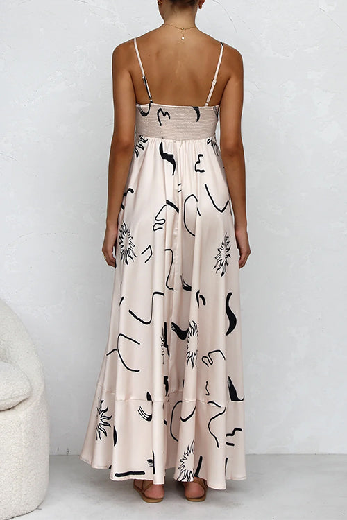 Margovil High Waist Graffiti Print Ruffle Swing Maxi Cami Dress