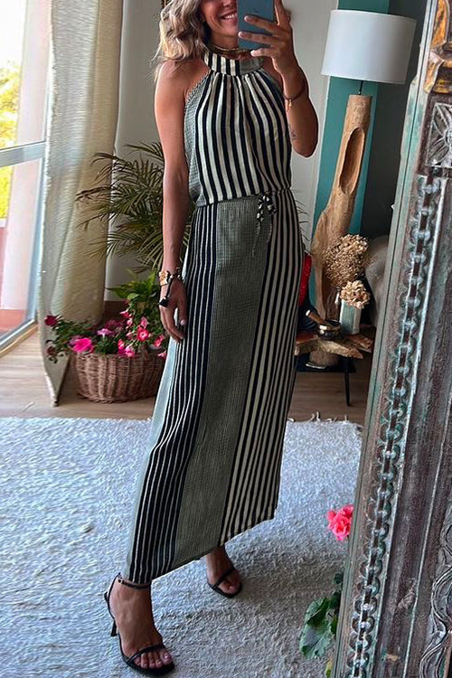 Margovil Halter Sleeveless Waisted Striped Maxi Dress