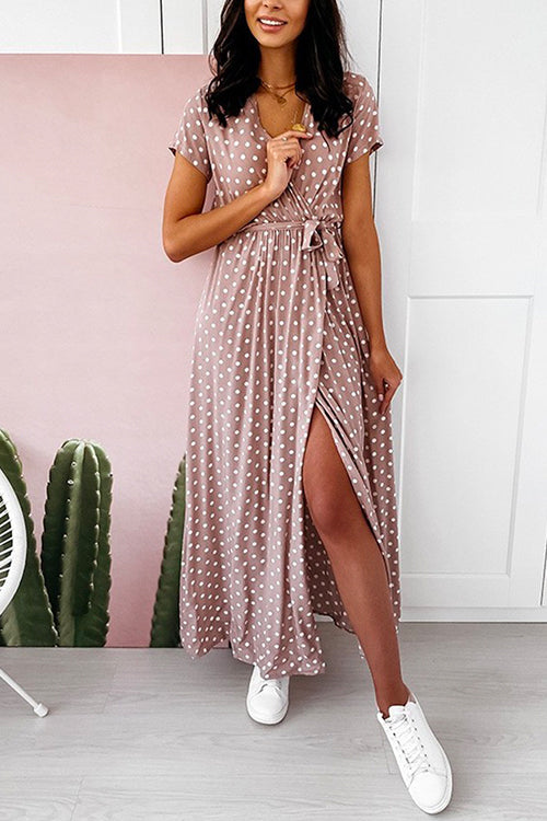 Margovil V Neck Tie Waist Polka Dot Maxi Wrapped Dress