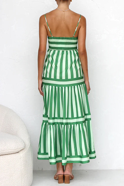 Margovil Spaghetti Strap Ruffle Tiered Color Block Striped Maxi Dress