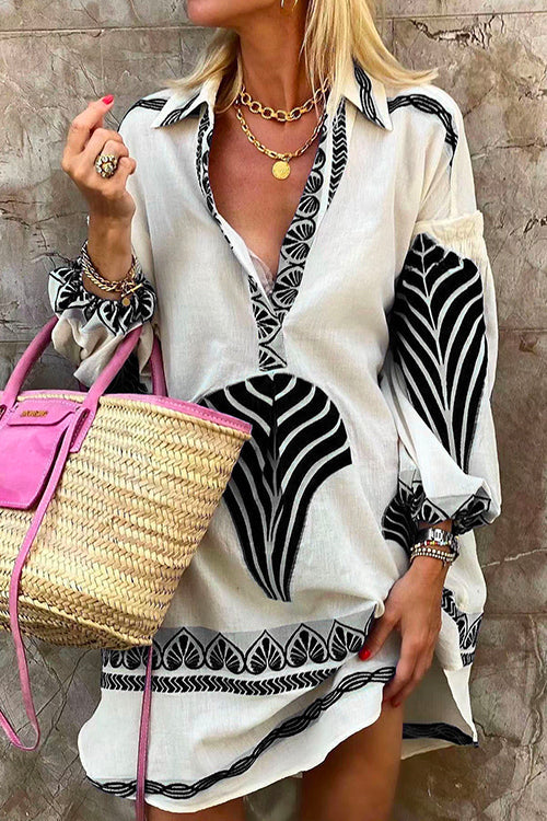 Margovil Lapel V Neck Long Sleeve Printed Shirt Dress