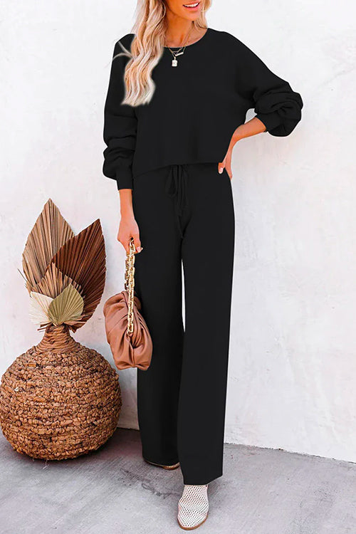 Margovil Round Neck Pullover Drawstring Waist Wide Leg Pants Loungewear Set