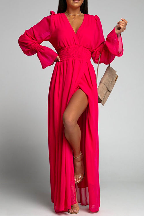 Margovil V Neck Long Sleeve Smocked Waist Maxi Slit Dress