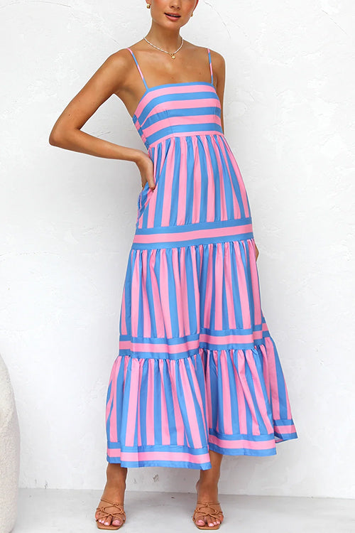 Margovil Spaghetti Strap Ruffle Tiered Color Block Striped Maxi Dress