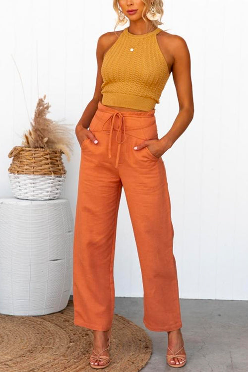 Paper Bag Tie Waist Straight Leg Solid Pants