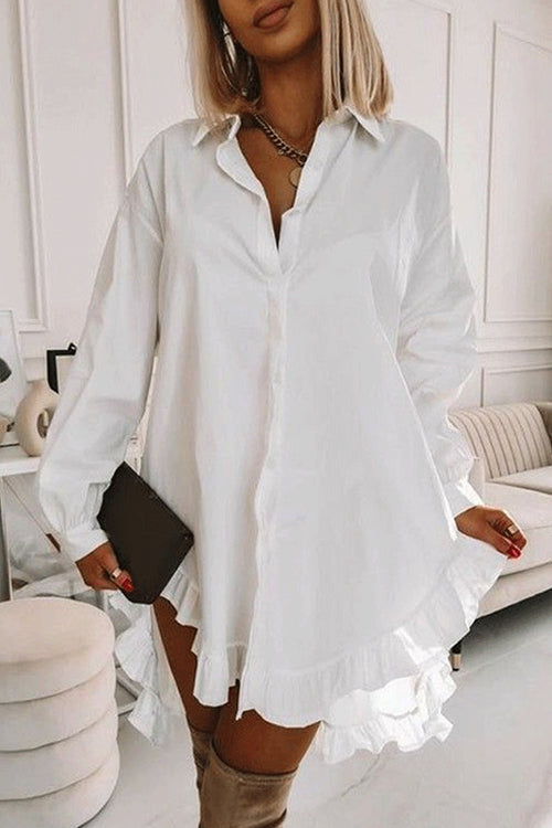 Margovil Button Down Long Sleeves Curve Hem Ruffle Shirt