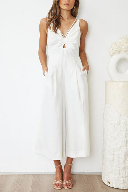 Margovil Ruched V Neck Cut Out Sleeveless Wide Leg Jumpsuit