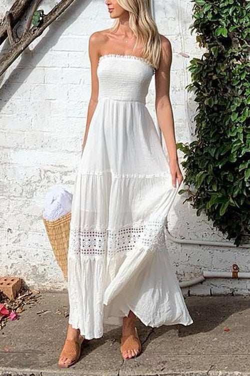 Margovil Strapless Tube Hollow Out Lace Splice Tiered Maxi Dress