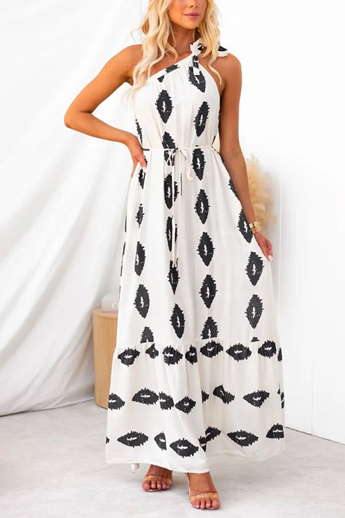 Margovil Bow Knot One Shoulder Printed Ruffle Maxi Dress