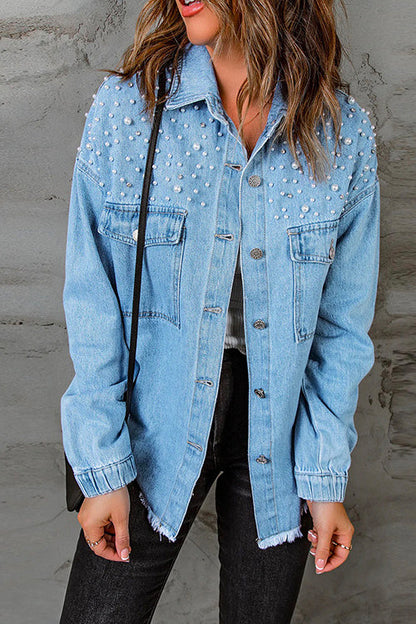 Margovil Pearls Beading Raw Hem Distressed Denim Shirt Jacket