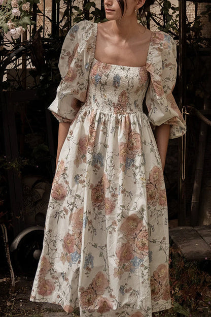 Square Neck Puff Sleeves Floral Print A-line Midi Dress