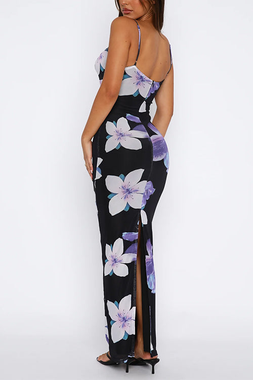 Margovil V Neck Spaghetti Strap Back Slit Floral Maxi Dress