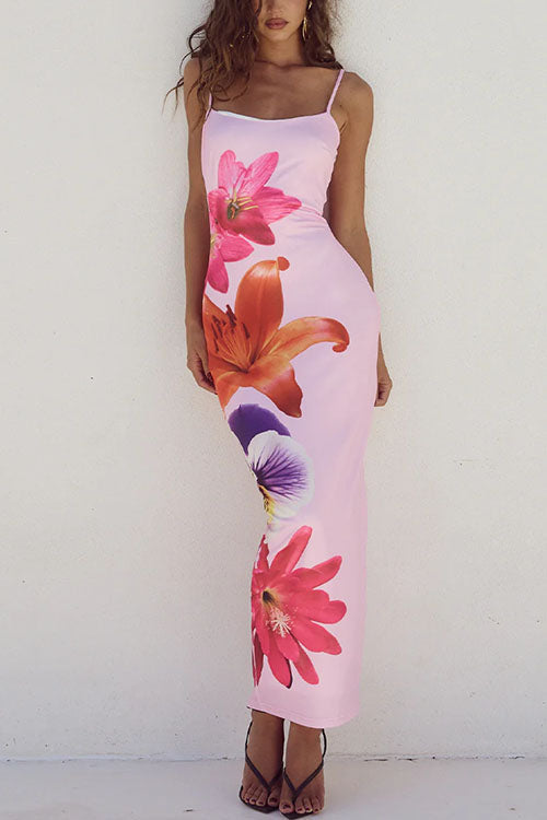 Margovil Spaghetti Strap Back Slit Lily Print Bodycon Maxi Dress