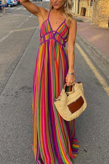 Margovil V Neck Backless Rainbow Stripes Cami Maxi Holiday Dress