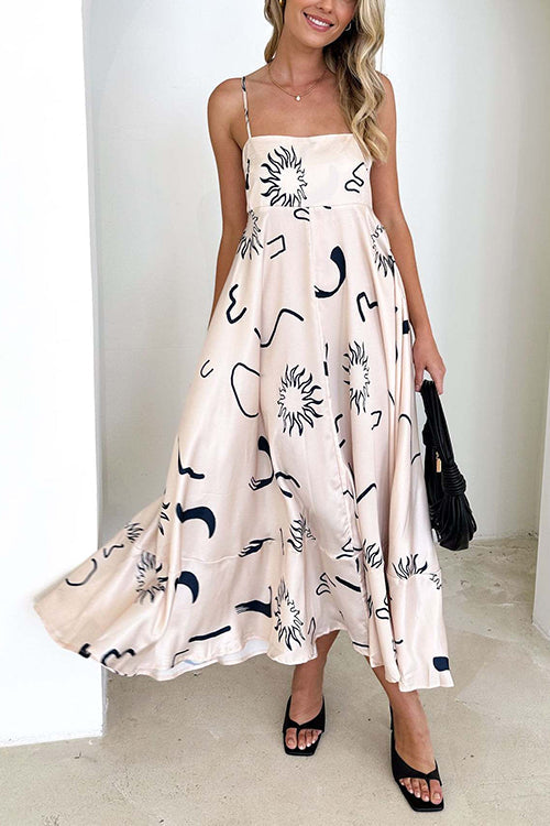 Margovil High Waist Graffiti Print Ruffle Swing Maxi Cami Dress