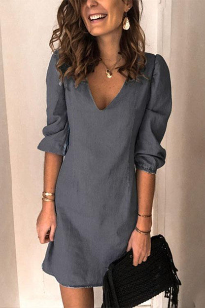 Margovil V Neck Cuff Sleeve Solid Mini Dress