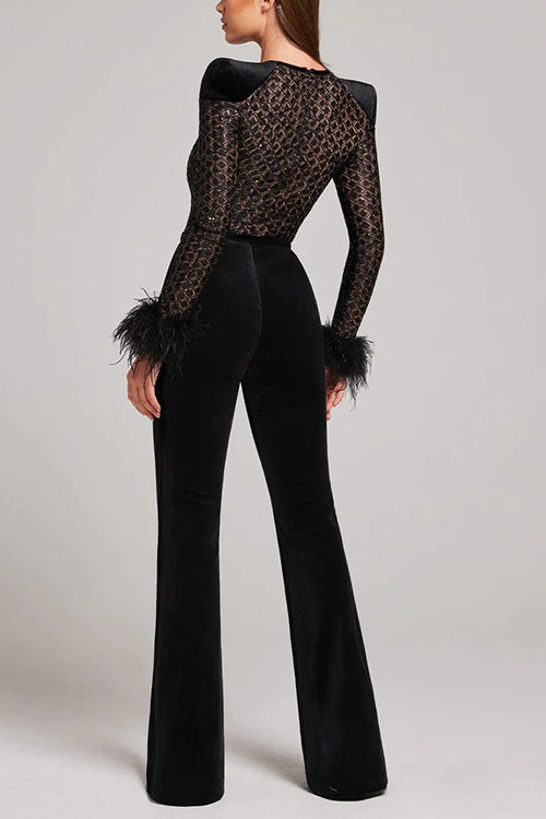 Margovil Feather Cuffs Bell Bottom Velvet Splice Jumpsuit