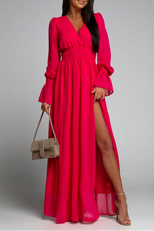 Margovil V Neck Long Sleeve Smocked Waist Maxi Slit Dress