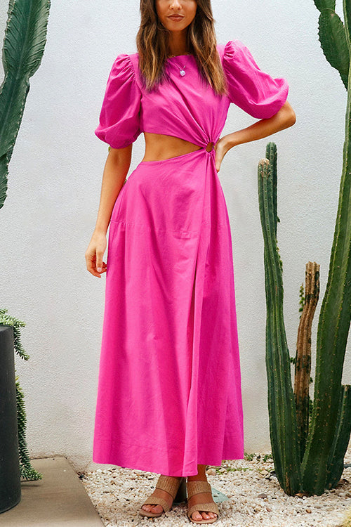 Margovil Puff Sleeve Cut Out Waist Maxi Vacation Dress