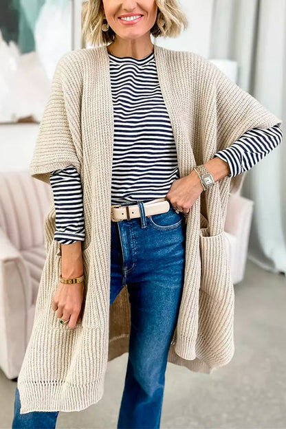 Half Sleeves Pocketed Open Front Oversized Cardigan