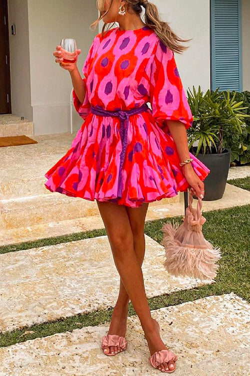 3/4 Sleeves Printed Ruffle Swing Mini Dress