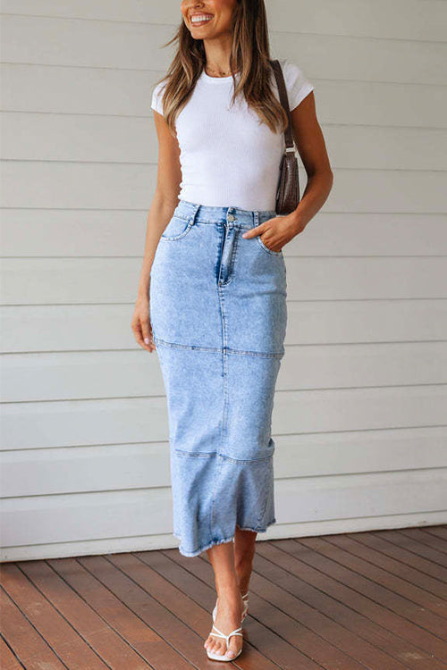 Margovil Back Slit Raw Hem Splice Midi Denim Skirt