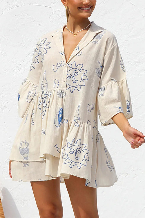 Margovil Flare Sleeves Button Down Graffiti Print Ruffle Shirt Dress