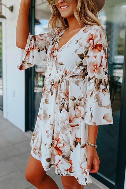 Margovil V Neck Bell Sleeves Printed Swing Dress