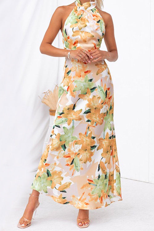 Margovil Tie Neck Backless Floral Printed Maxi Flowy Dress