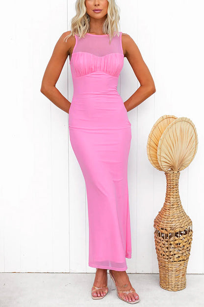 Open Back Ruched Sleeveless Bodycon Maxi Dress