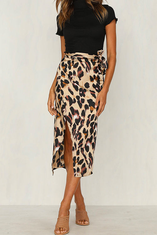 Margovil Knot Waist Slit Midi Leopard Skirt