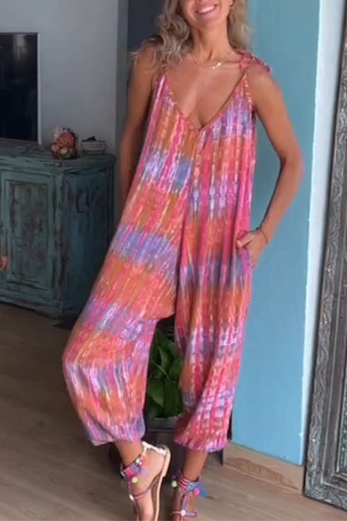 Margovil V Neck Tie Shoulder Pockets Tie Dye Cami Jumpsuit