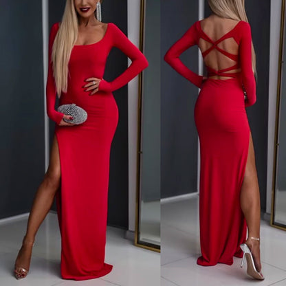 Back Twist Cross Long Sleeves High Slit Maxi Party Dress