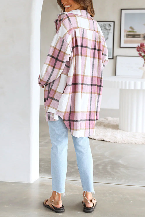 Margovil Curve Hem Color Block Plaid Shacket Jacket