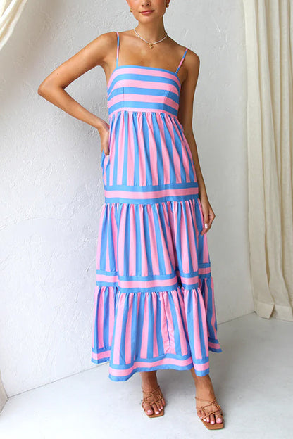 Margovil Spaghetti Strap Ruffle Tiered Color Block Striped Maxi Dress