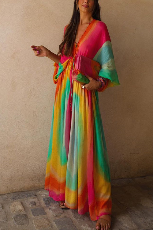 Margovil V Neck Balloon Sleeves Rainbow Gradient Maxi Swing Dress