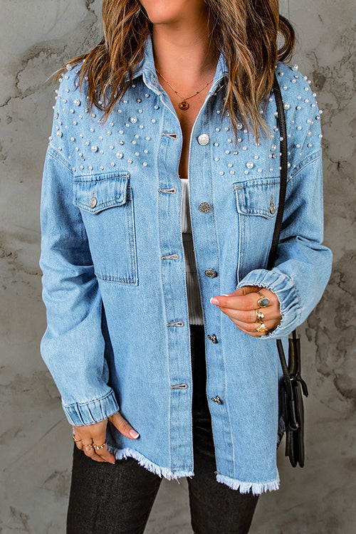 Margovil Pearls Beading Raw Hem Distressed Denim Shirt Jacket